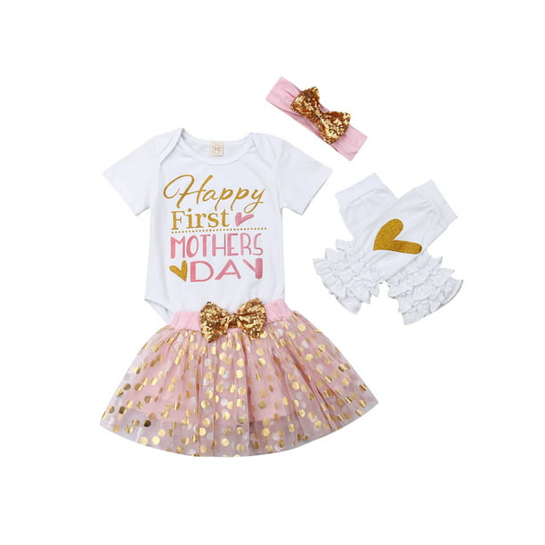 My First Mothers Day Baby Girl Outfit Romper+Tutu Dresses Shorts+Leggings+Headband 4PCS Skirt Set 
